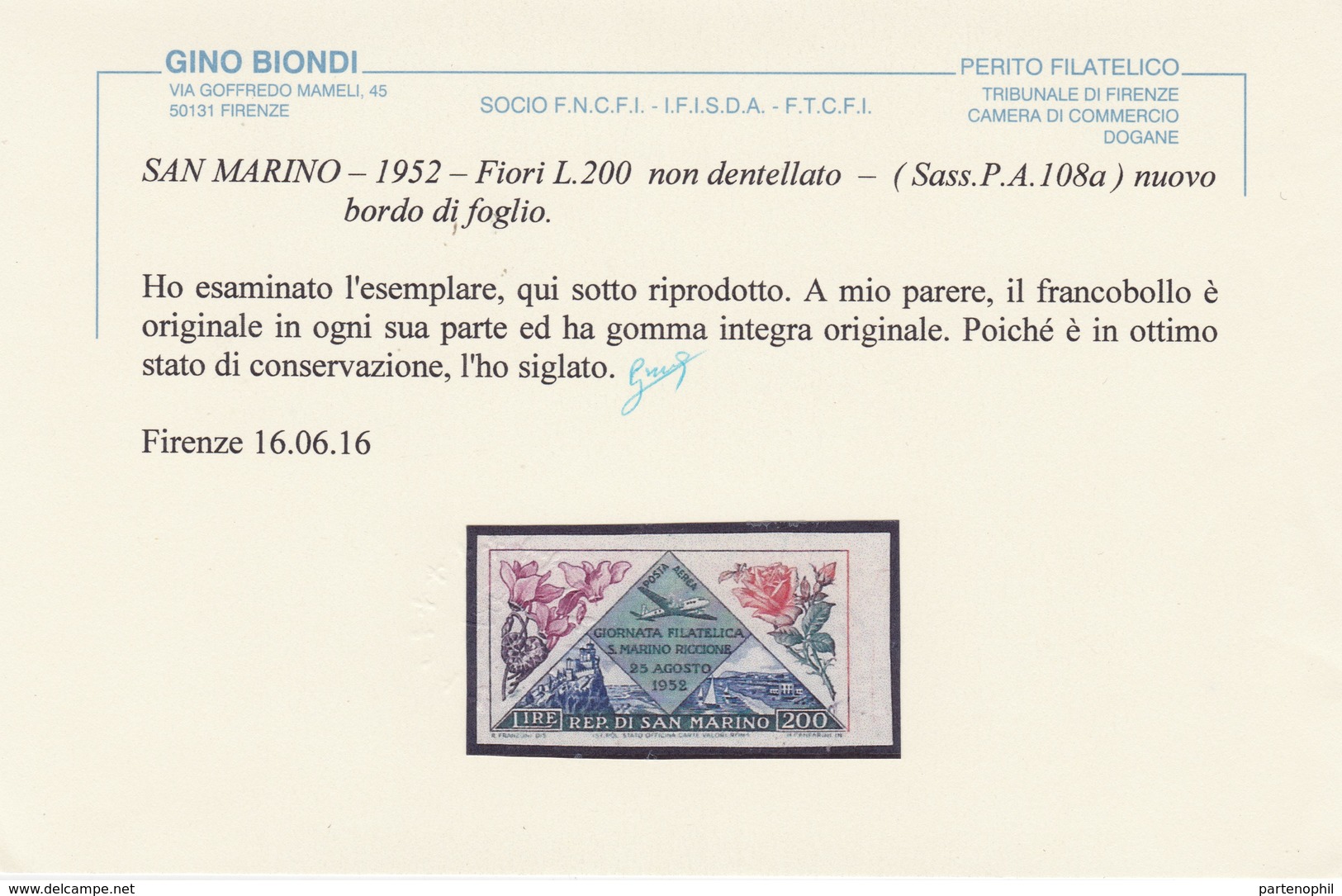 466 San Marino ** 1952 - Fiori / Flowers Rose Imperf - L. 200 Non Dentellato N. 108a Cat. - Variedades Y Curiosidades