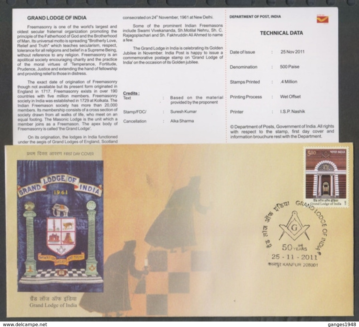 India  2011  Freemasonry  Grand Lodge Of India  Kanpur  First Day Cover + Plain Information Card #  21703 D  Indien Inde - Freemasonry