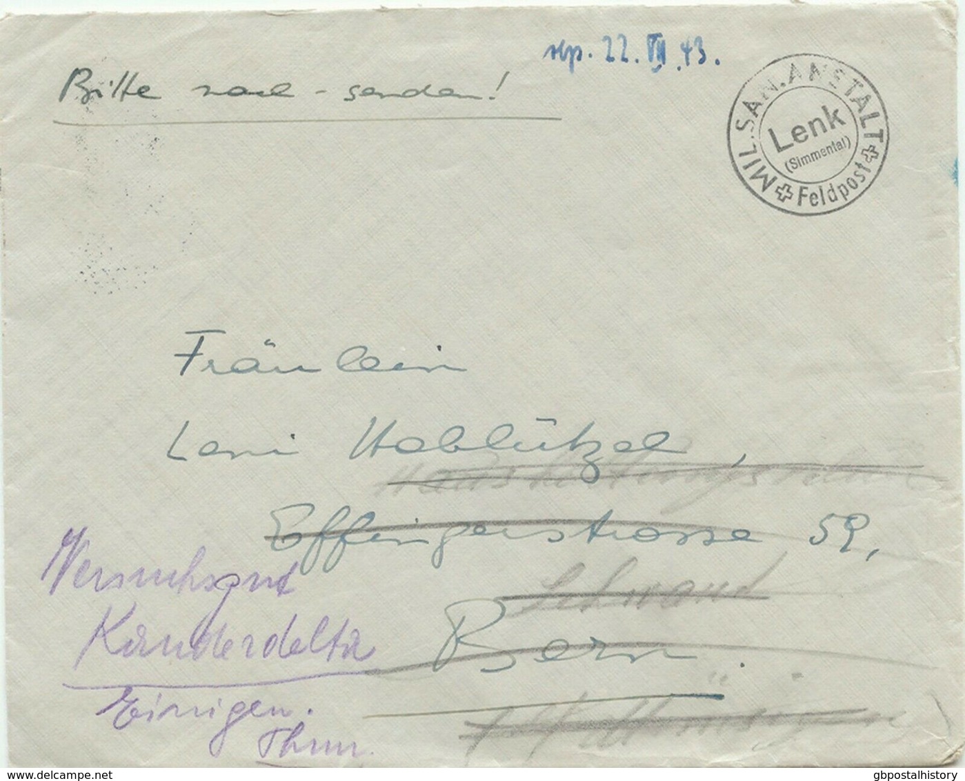 SCHWEIZ "MIL.SAN.ANSTALT - FELDPOST - Lenk (Simmental)" K2 Mehrfach Umgeleitet - Postmarks