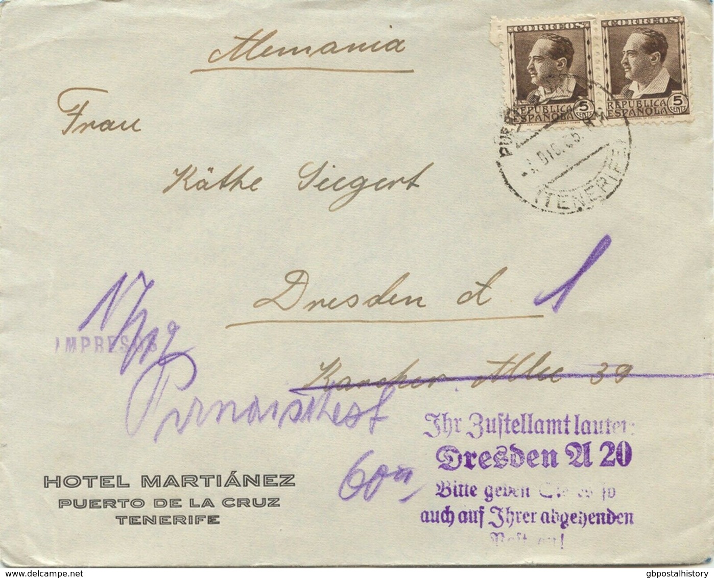 SPANIEN 1935 5 C (Paar) MeF Brief Von "PUERTO DE LA CRUZ - TENERIFE" N. DRESDEN - Cartas & Documentos