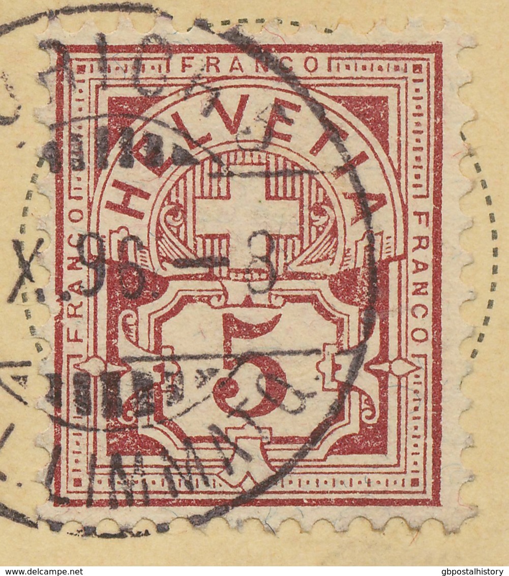 SCHWEIZ 1896 5 C GA M. 5 C. Zusatzfrankatur, Selt. ABART: Linker Rahmenlinie R! - Plaatfouten