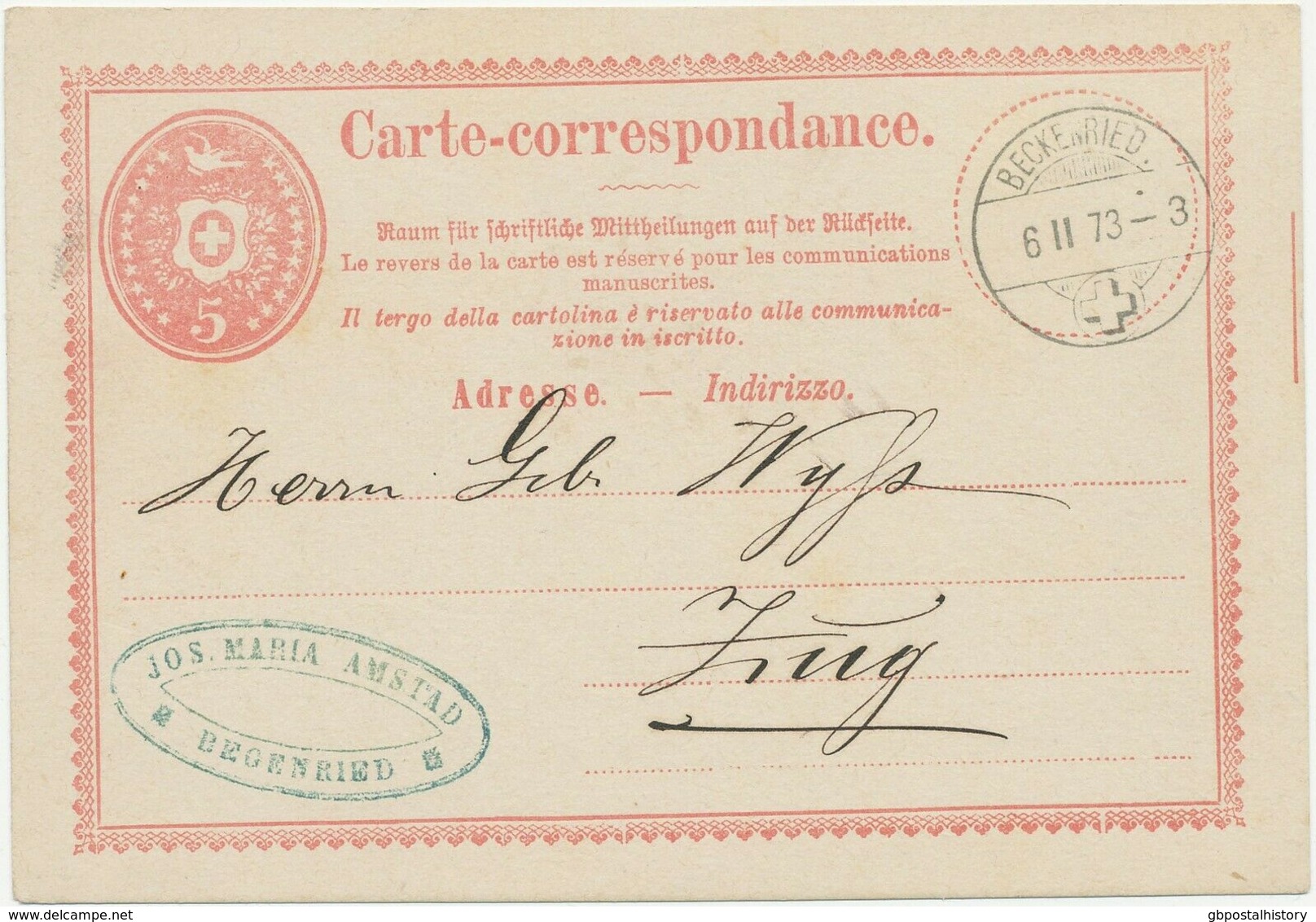 SCHWEIZ 1873 5 C Brieftaube Karminrosa GA M. Klarer Steg-K1 "BECKENRIED" ABART - Plaatfouten