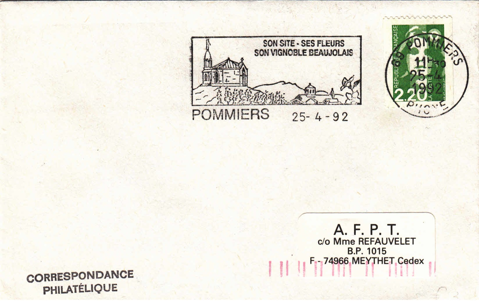 FRANCE - 1992 - Pommiers - Son Vignoble Beaujolais - Storia Postale