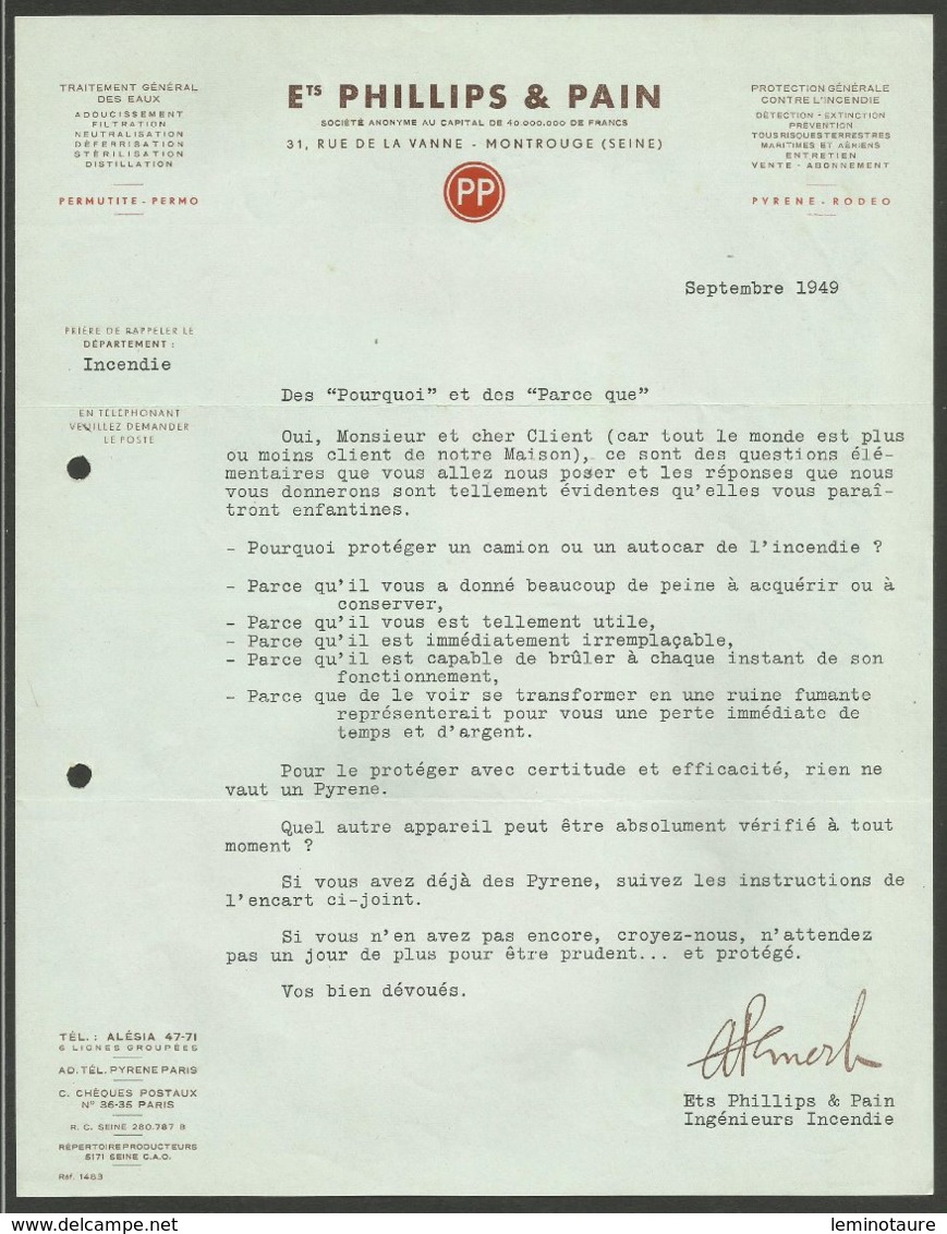 MONTROUGE / Traitement Des Eaux - Protection Incendie Ets PHILLIPS & PAIN / Lettre 1949 - Autres & Non Classés