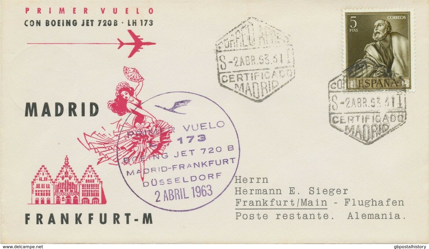 SPANIEN 3 Erstflüge M Dt.Lufthansa 1963 Von BARCELONA U 1963/76 Von MADRID N BRD - Briefe U. Dokumente