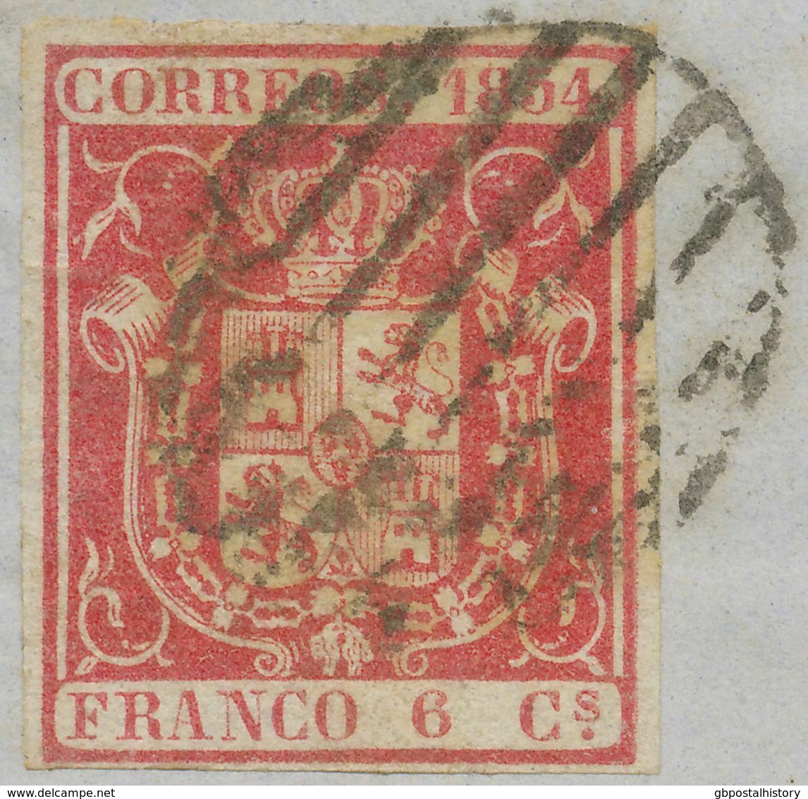 SPANIEN 1854, Wappen M. Königskrone 6 Cs. Vollrandig M. Gitterstpl. A. Kab.-Bf. - Cartas & Documentos