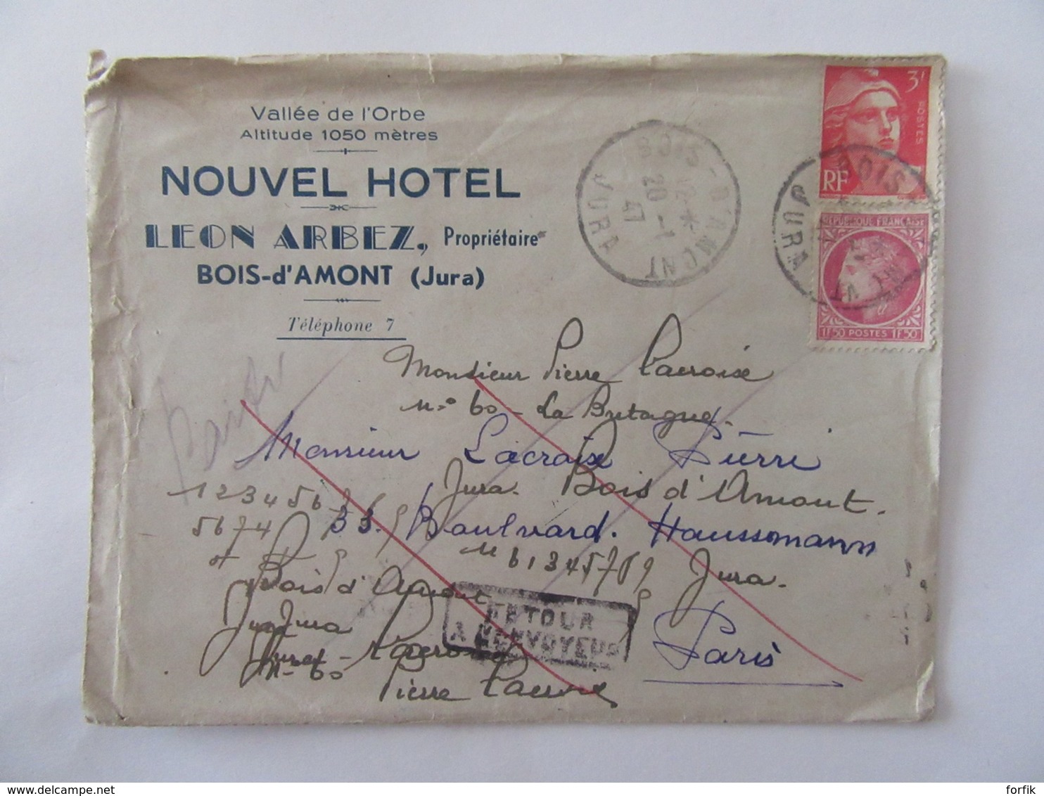 Enveloppe à En-tête Du Nouvel Hôtel - Leon Arbiez - Bois D'Amont (Jura) - Vallée De L'Orbe - Timbres YT 679/716 - 1947 - 1921-1960: Période Moderne