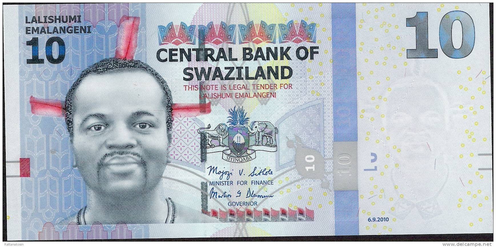 SWAZILAND P36a 10 EMALANGENI 2010  #AA00-----  Issued July 2011   UNC. - Swaziland