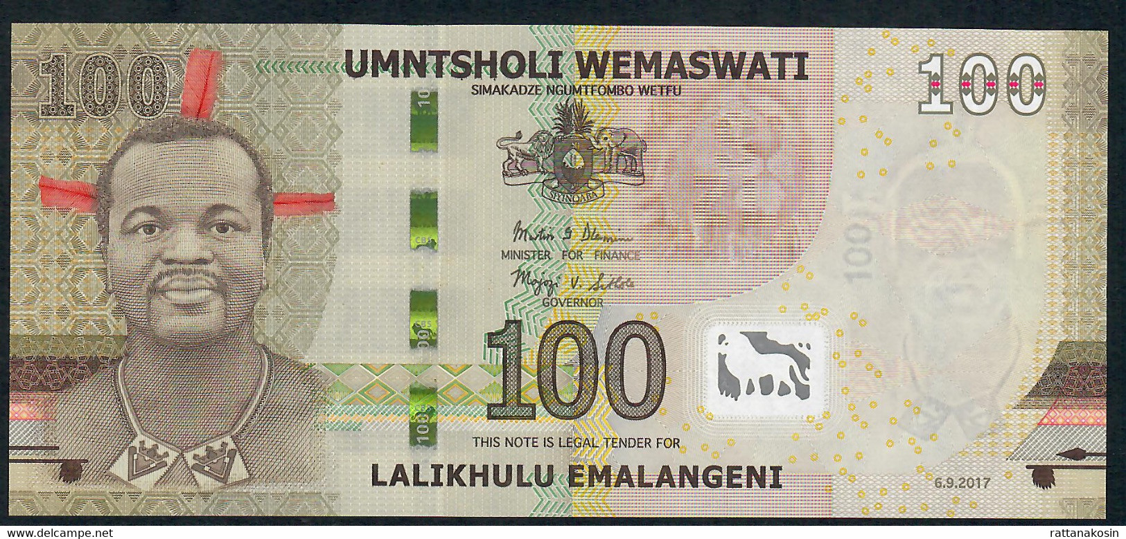SWAZILAND P42 100  EMALANGENI 2017  #AA0028524  Signature 10  UNC. - Swaziland