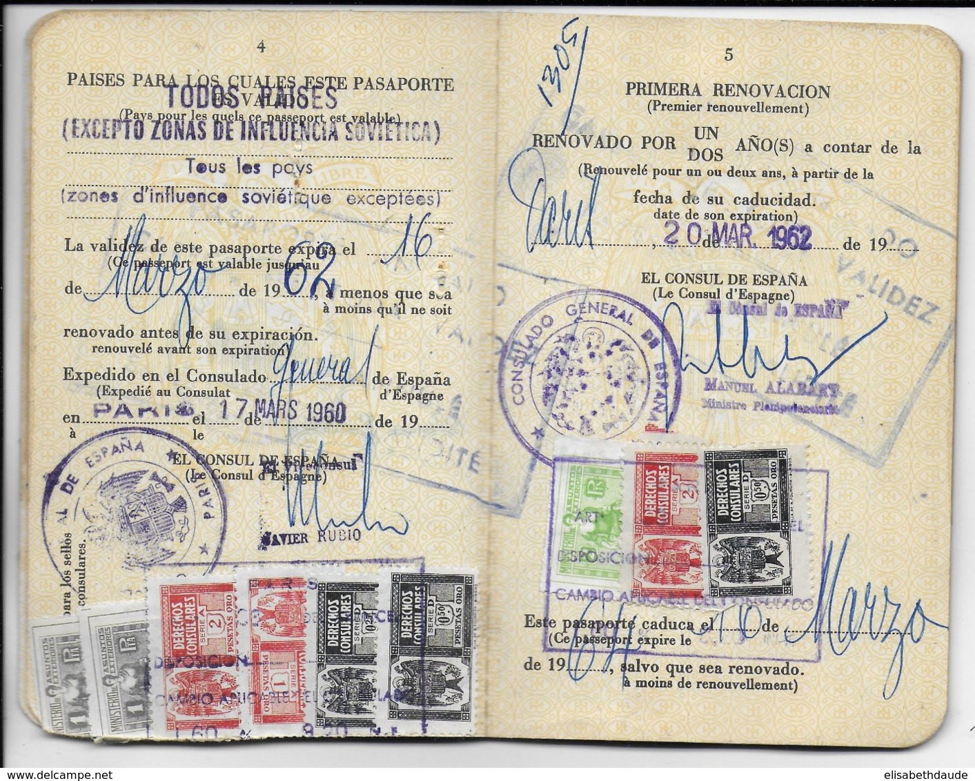 ESPAGNE - 1962 - PASSEPORT Du CONSULAT GENERAL à PARIS - Revenue Stamps