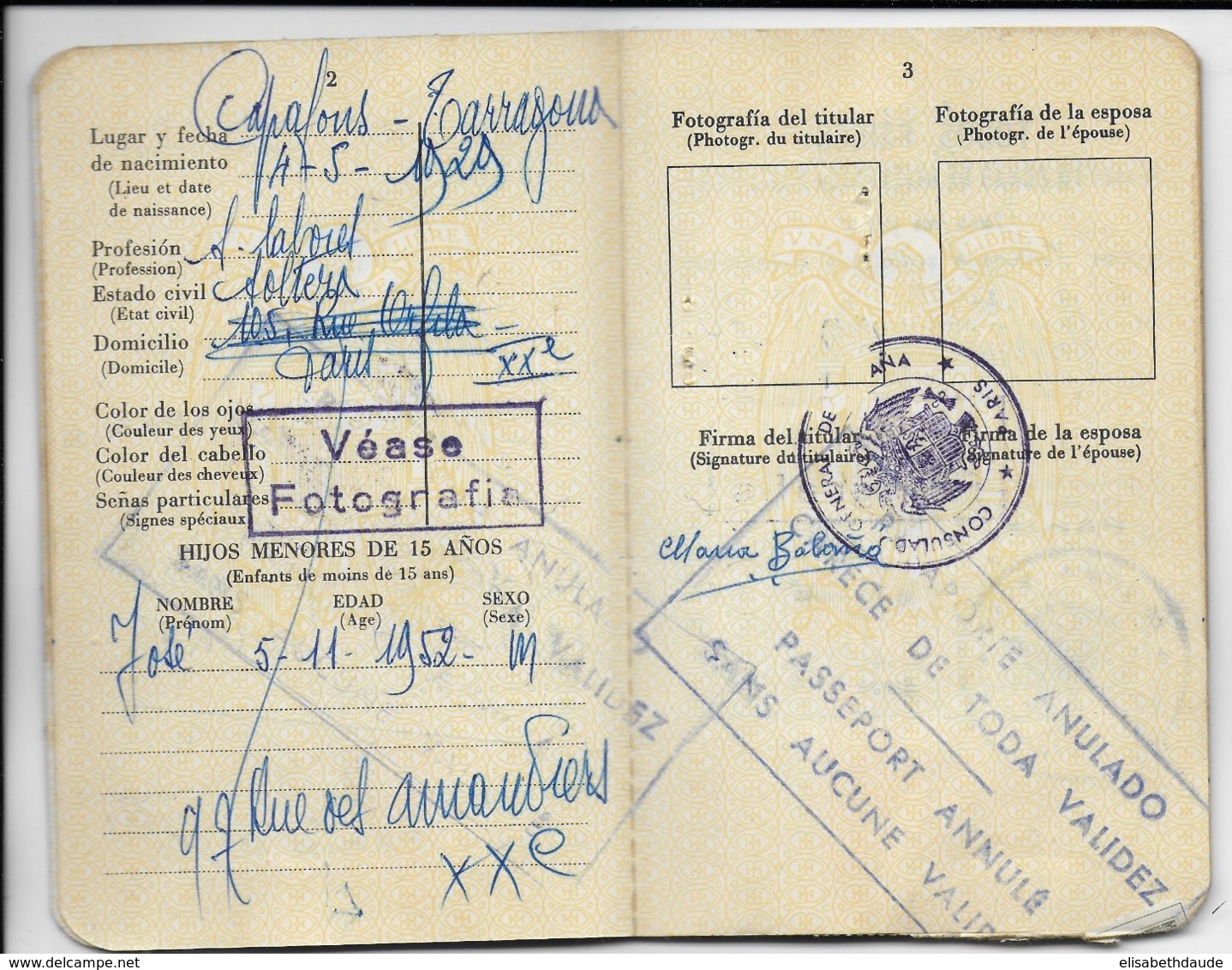 ESPAGNE - 1962 - PASSEPORT Du CONSULAT GENERAL à PARIS - Revenue Stamps