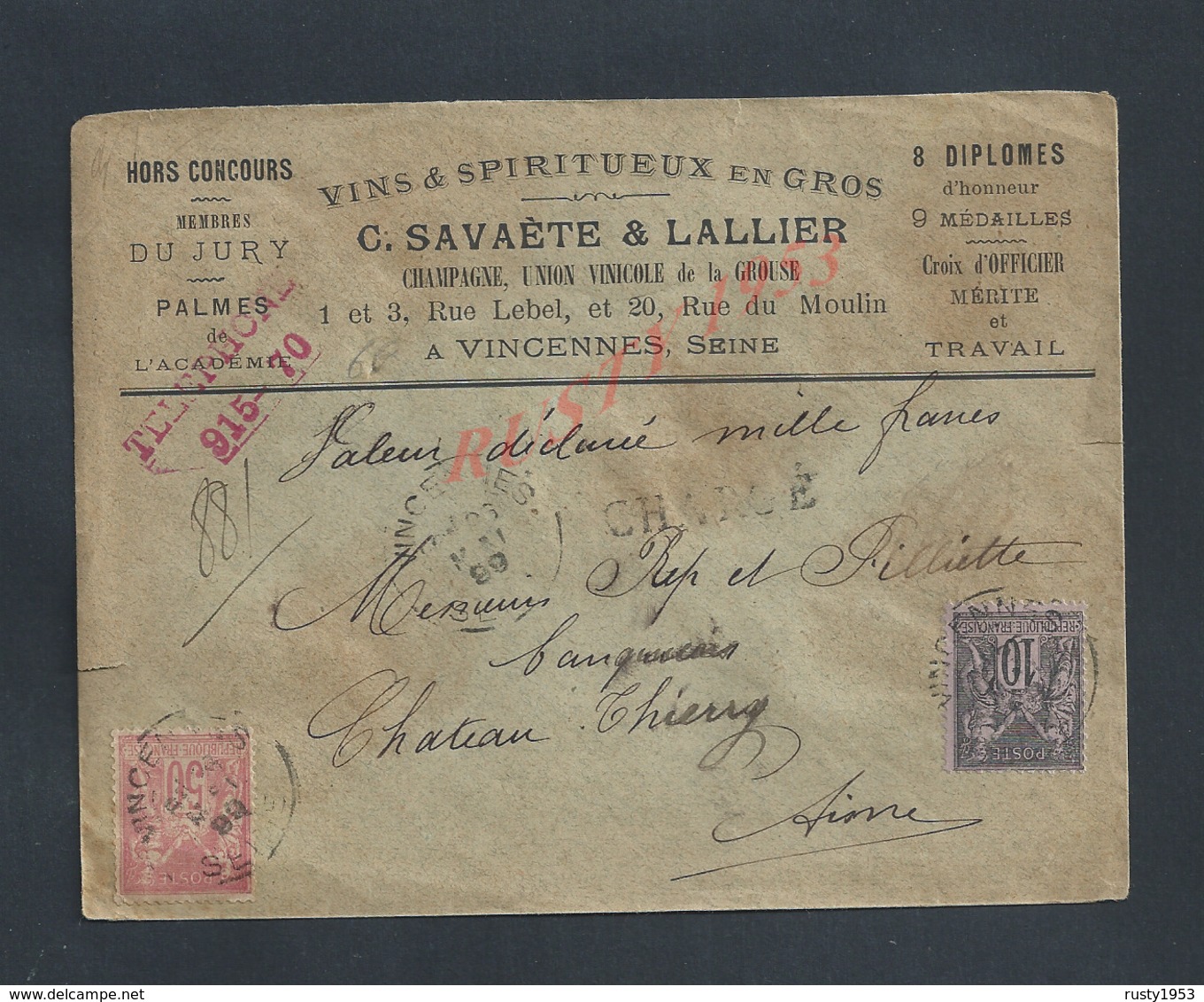 LETTRE COMMERCIALE SUR TIMBRES SAGE CHARGÉ C SAVAÈTE & LALLIER VINS CHAMPAGNE À VINCENNES POUR OB CHATEAU THIERRY : : - 1898-1900 Sage (Type III)