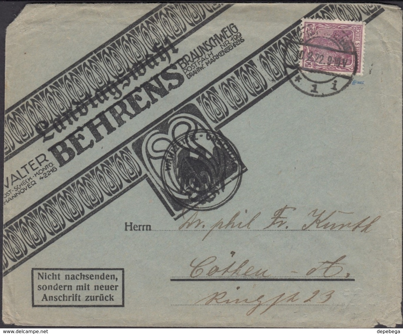 Germany - Infla. MiNr. 146-I EF, Wahlzettel Umschlag, Landtagswahl W. Behrens - Braunschweig, 10.2.1922. - Covers & Documents