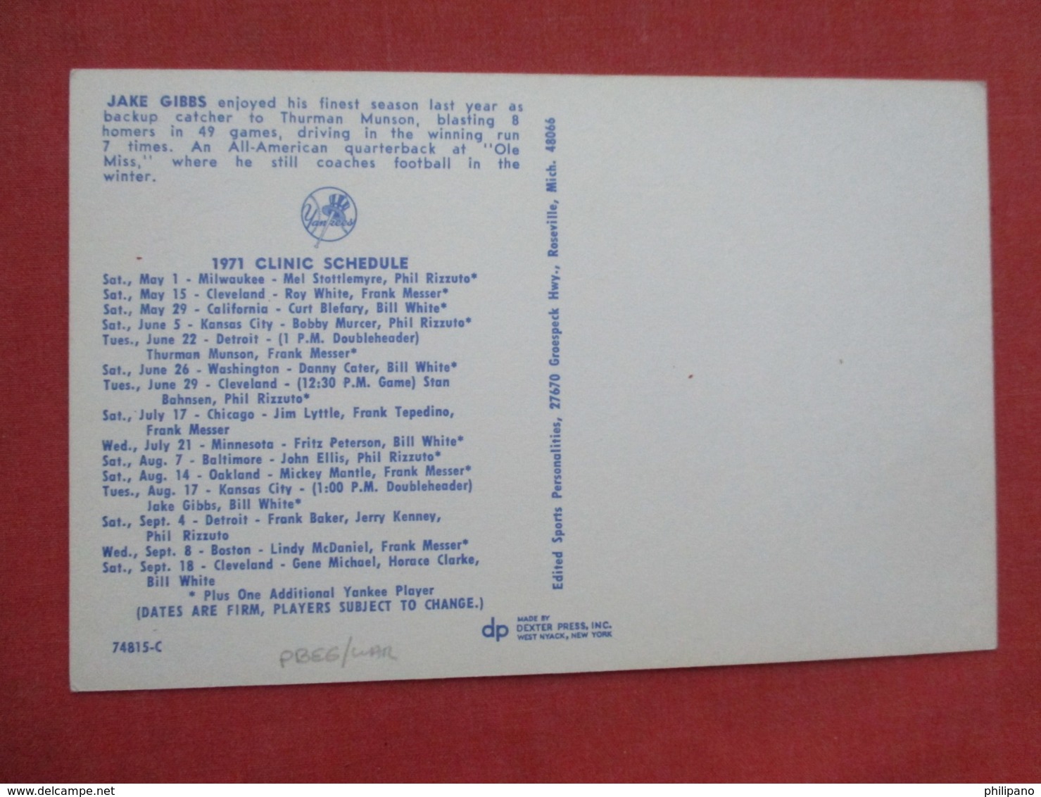 Jake Gibbs  1971 Clinic Schedule    NY Yankees >>ref 3632 - Baseball