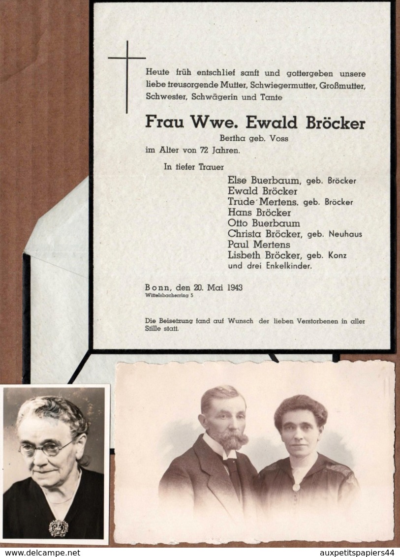 Faire-part De Décès & Photos Originales De Frau Wwe. Ewald Brocker De Bonn En 1943 - Todesanzeige