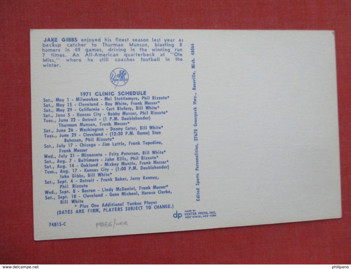 Jake Gibbs   1971 Clinic Schedule       NY Yankees >>ref 3632 - Baseball