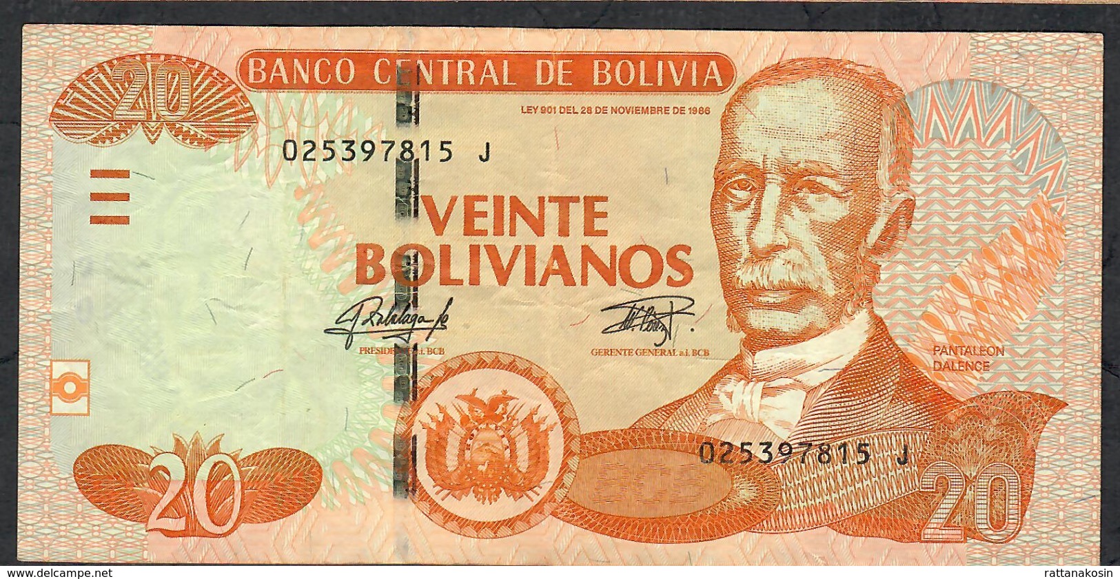 BOLIVIA NLP (B413e) 20 BOLIVIANOS LEY 1986 # J   OBERTHUR FIDUCIAIRE (like P244,not In Cat.2019 )  Sign.92 VF NO P.h. - Bolivia