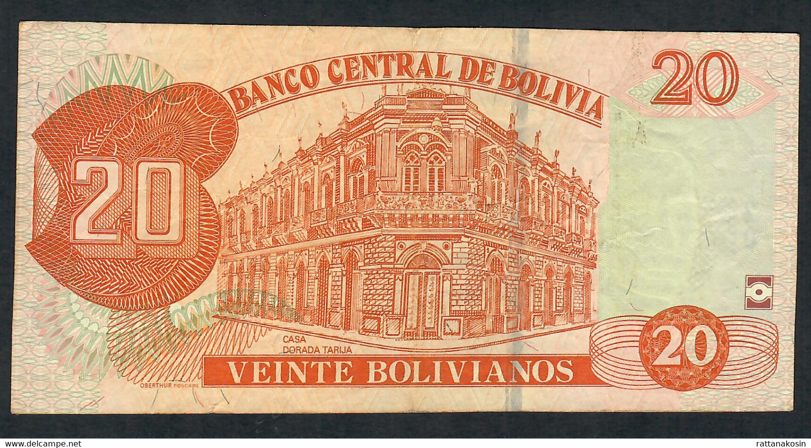 BOLIVIA NLP (B413e) 20 BOLIVIANOS LEY 1986 # J   OBERTHUR FIDUCIAIRE (like P244,not In Cat.2019 )  Sign.92 VF NO P.h. - Bolivia