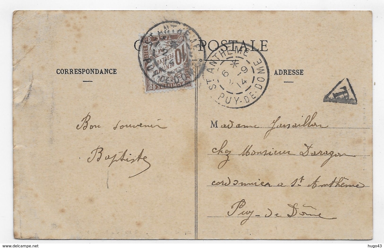 (RECTO / VERSO) BELFORT EN 1914 - LE LION - TIMBRE TAXE - BEAU CACHET - CPA VOYAGEE - 1859-1959 Lettres & Documents