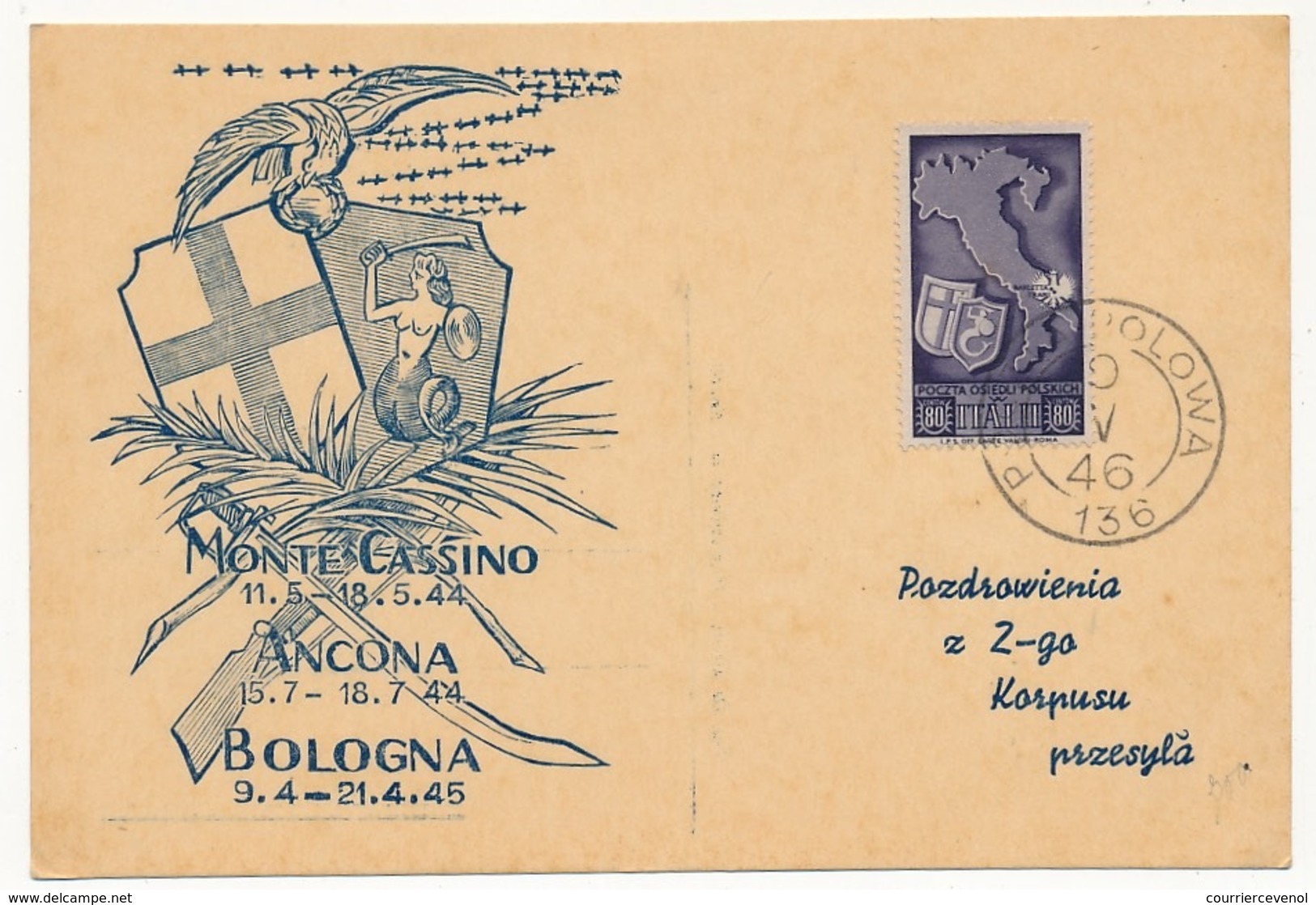 POLOGNE - Corps Polonais En Italie - Carte Commémorative 1946 - Vignettes De La Libération