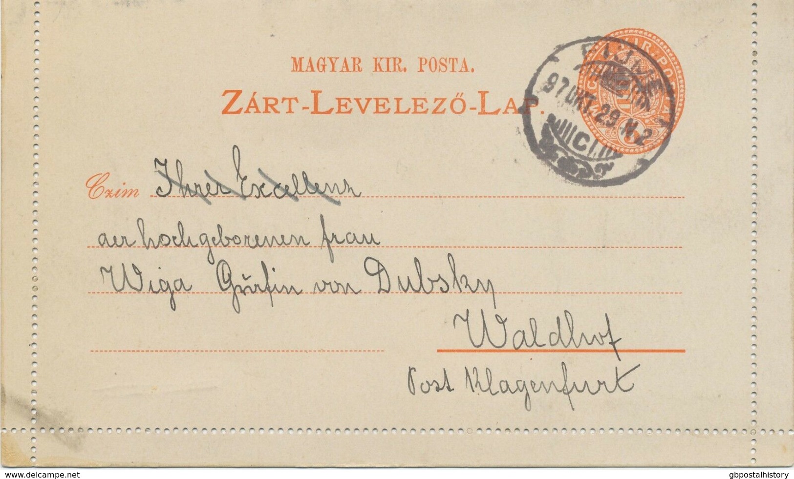 FIUME 1897 VFU Hungarian Postal Stationery Lettercard 5Kr To Countess Von Dubsky - Fiume