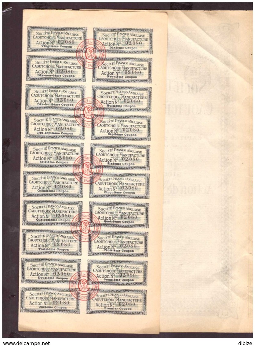 Action De 100 Francs Au Porteur. Société Anonyme Franco Anglaise De Caoutchouc Manufacturé. S.A. 1917. + 20 Coupons - Industrie