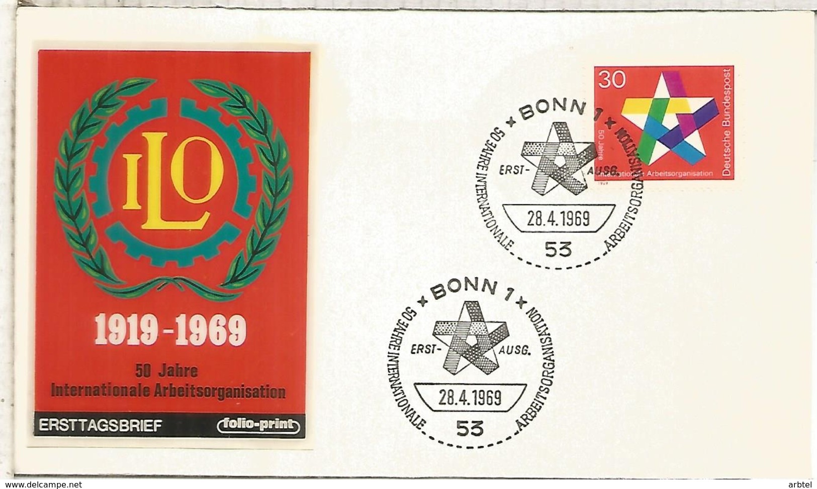 ALEMANIA FDC BONN 1969 IOT ILO ORGANIZACION MUNDIAL DEL TRABAJO - OIT