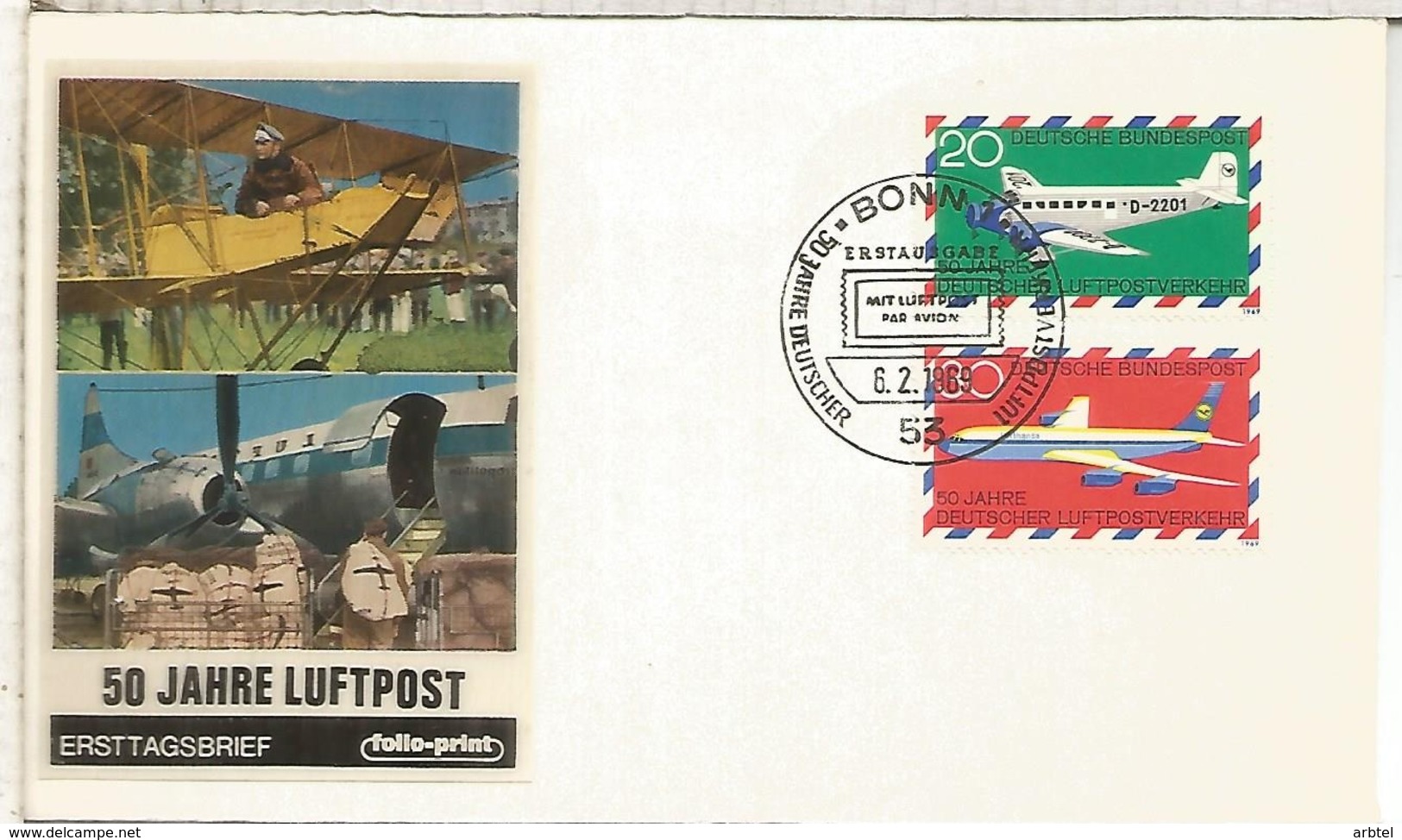 ALEMANIA FDC BONN 1969 50 AÑOS CORREO AEREO AIR MAIL AVION PLANE JET LUTHANSA - Airplanes