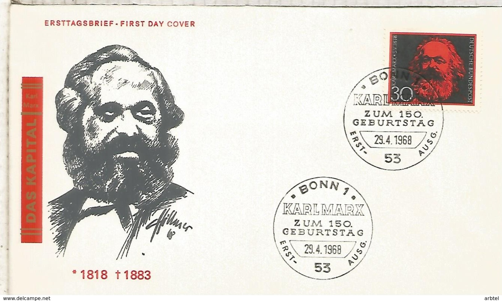 ALEMANIA FDC BONN 1968 CENTENARIO KARL MARX COMUNISMO - Karl Marx