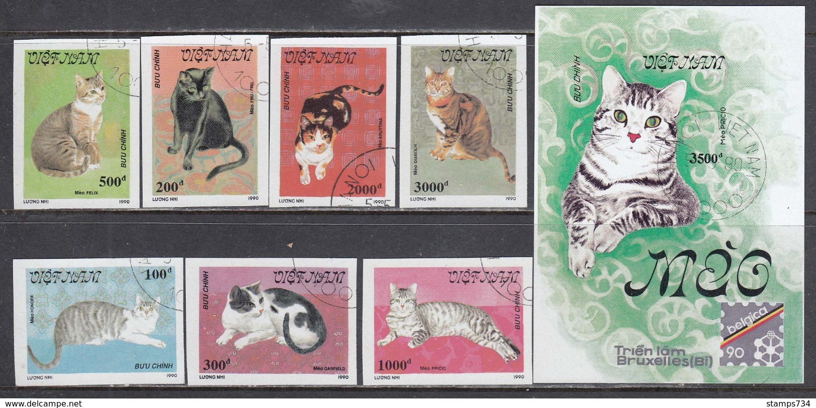 Vietnam 1990 - Cats, Set Of 7 Stamps+s/sh, Imperforated, Canceled - Vietnam