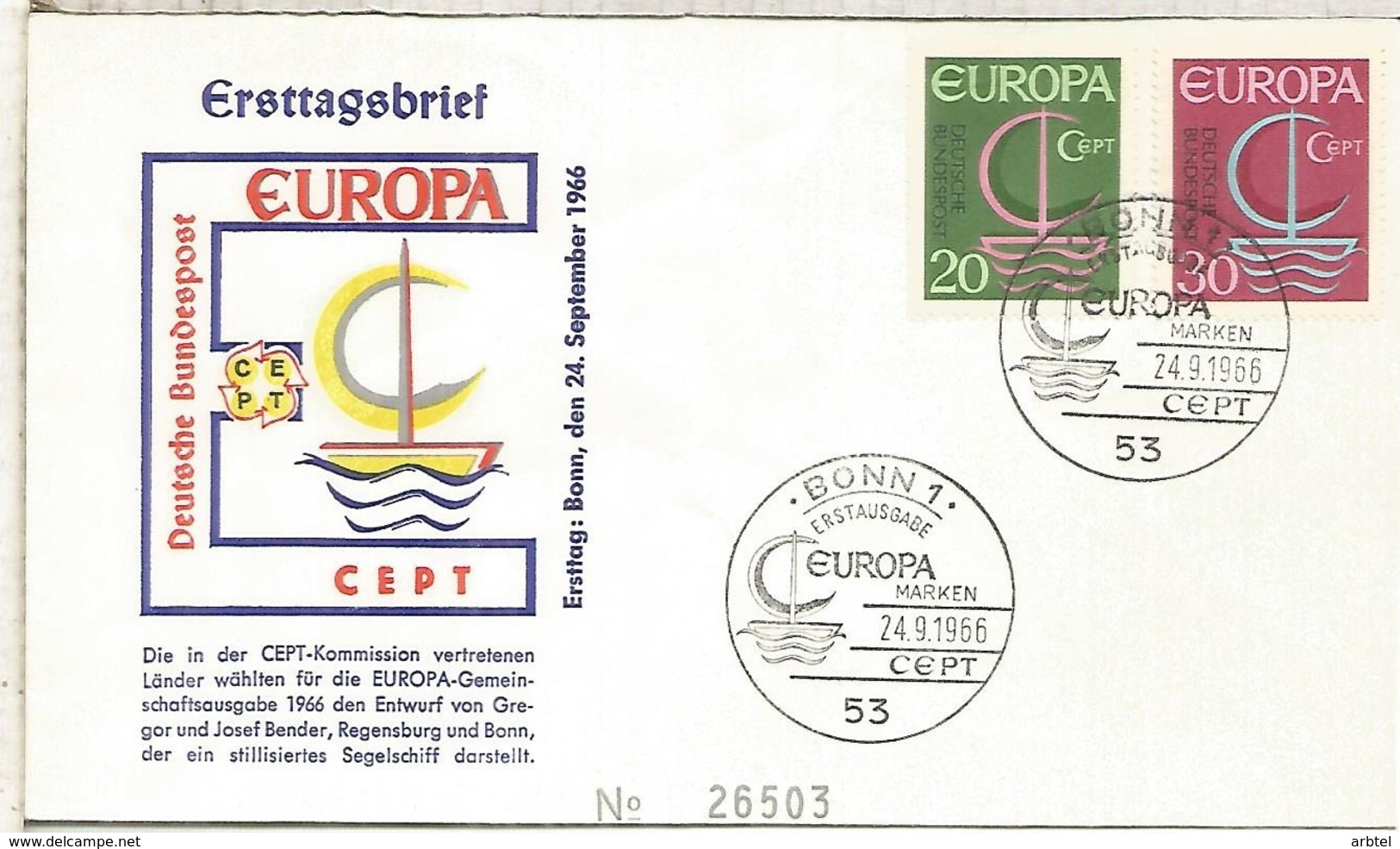 ALEMANIA FDC BONN 1966 EUROPA CEPT - 1966