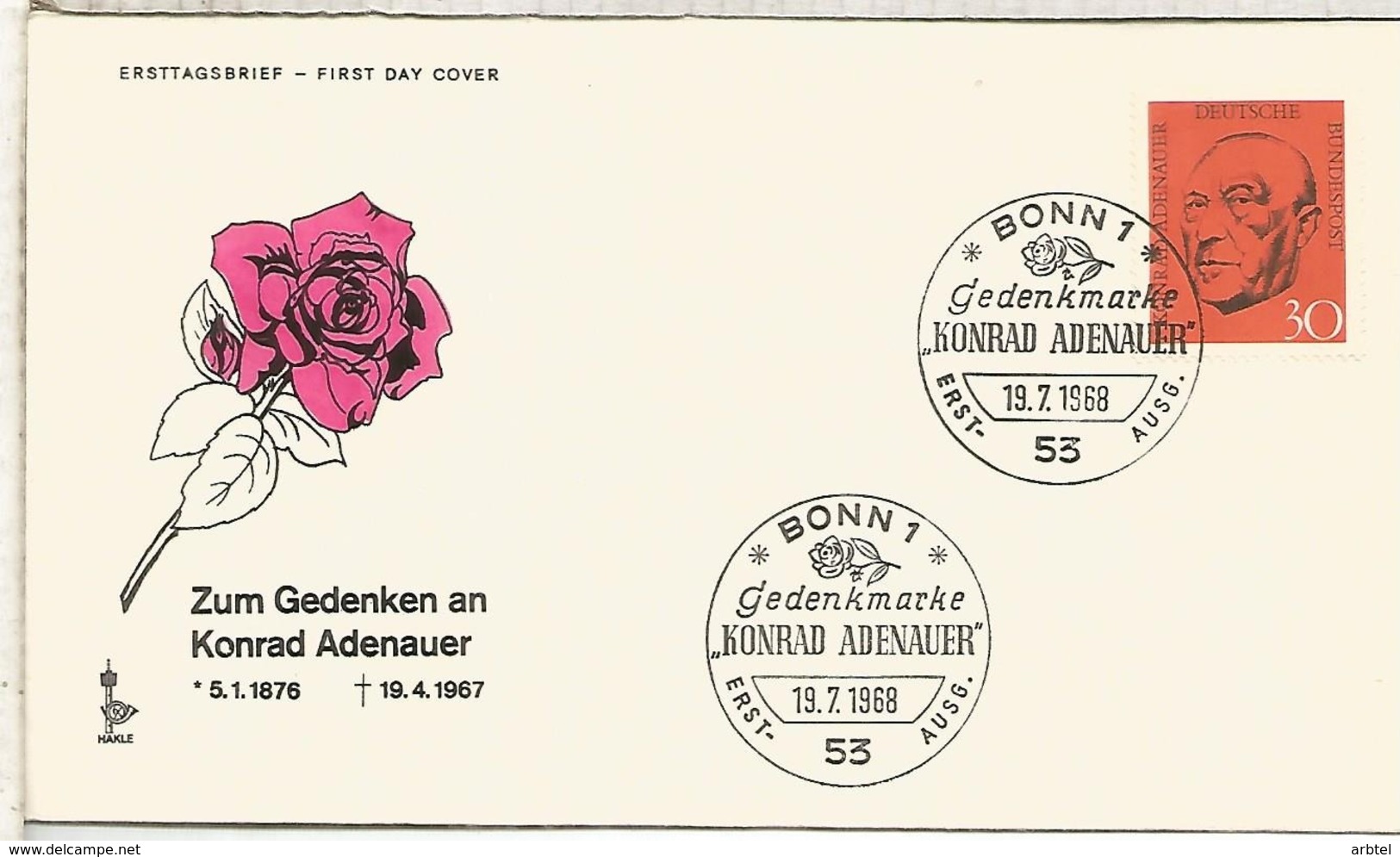 ALEMANIA FDC BONN 1968 ADENAUER - Otros & Sin Clasificación