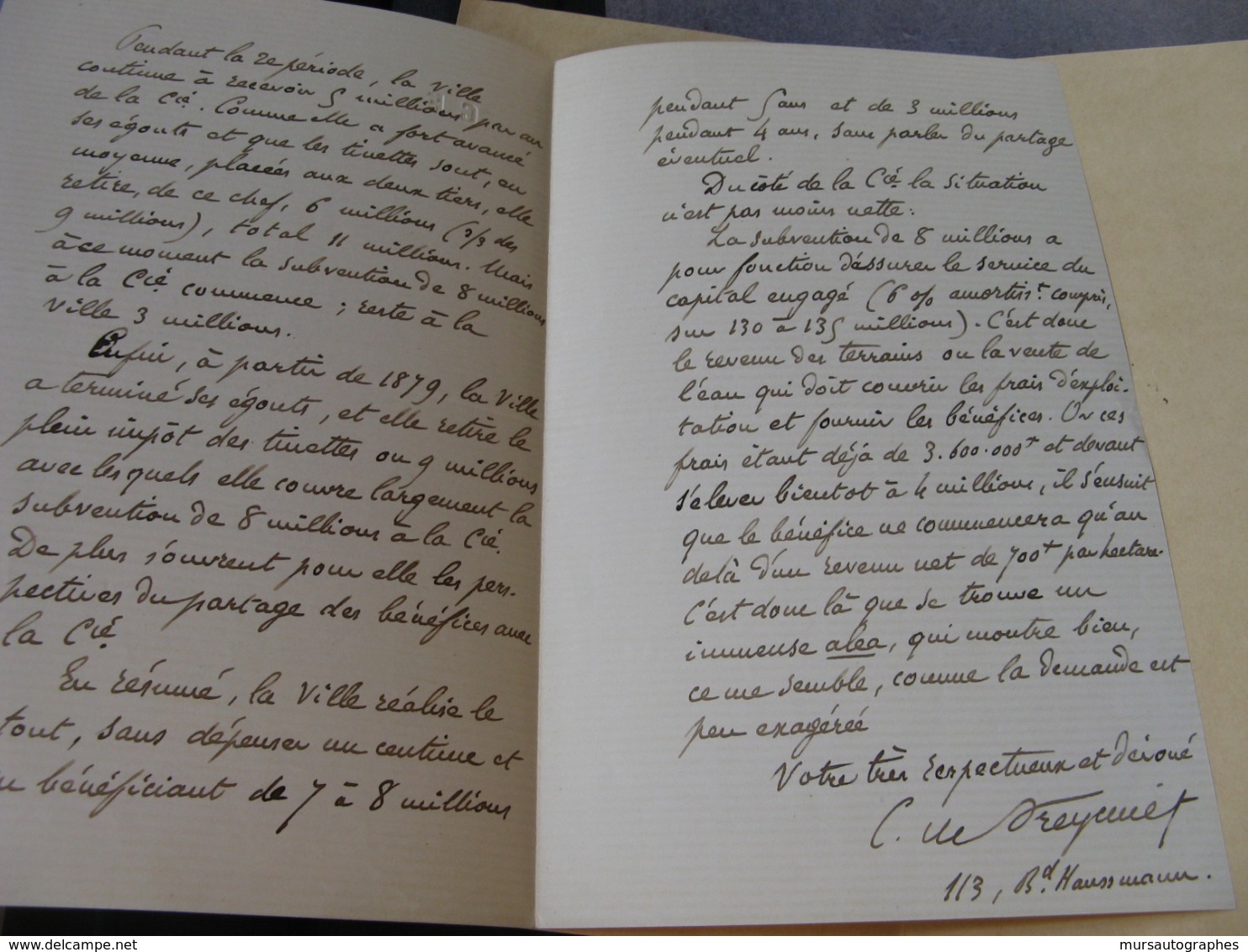 INTERESSANTE LETTRE AUTOGRAPHE SIGNEE DE CHARLES DE FREYCINET 1869 MINISTRE PDT DU CONSEIL Sur TRAVAUX EGOUTS PARIS - Autres & Non Classés