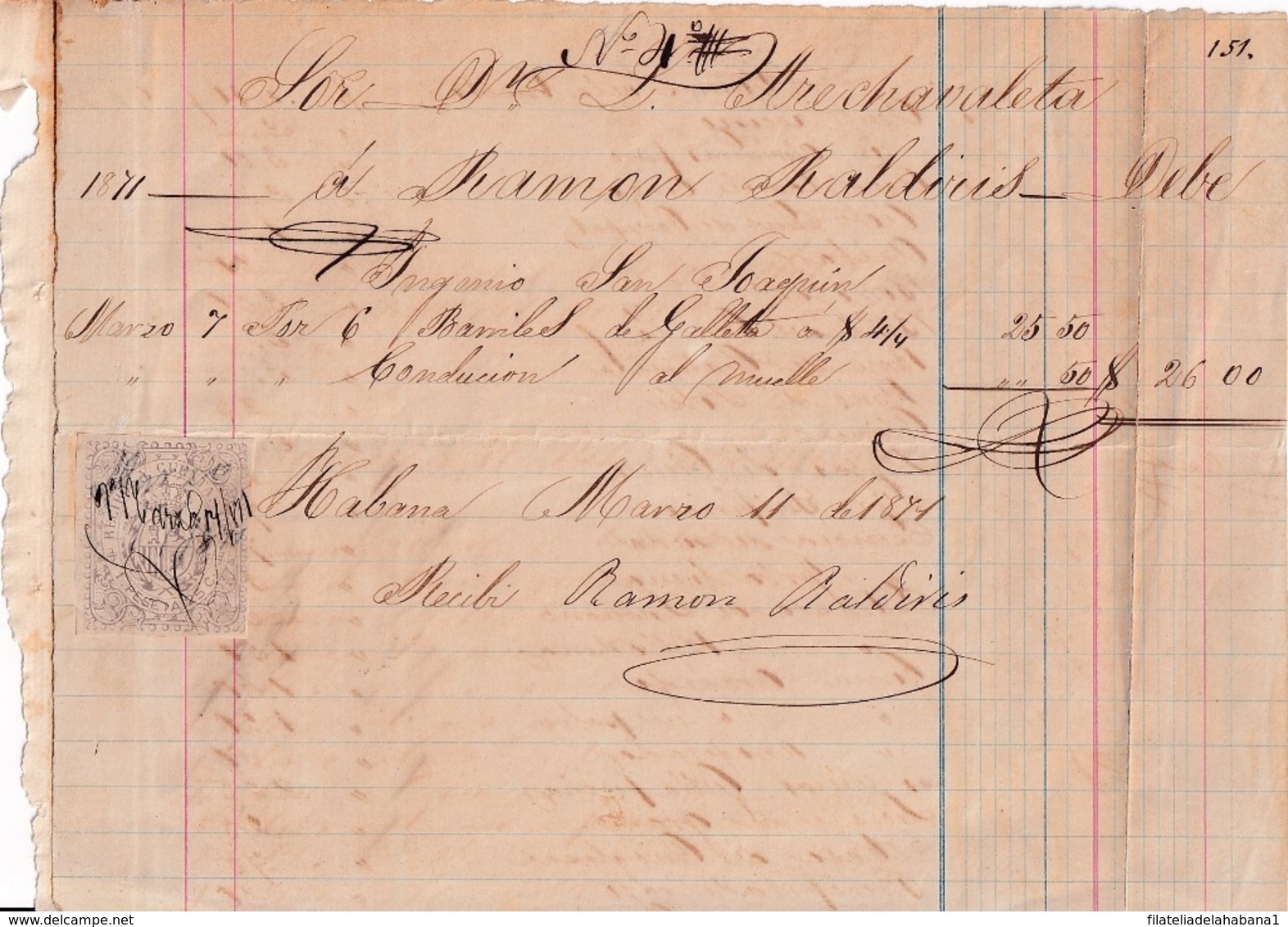 E6383 CUBA SPAIN 1871 SUGAR MILLS SAN JOAQUIN REVENUE RECIBOS Y CUENTAS. - Historical Documents