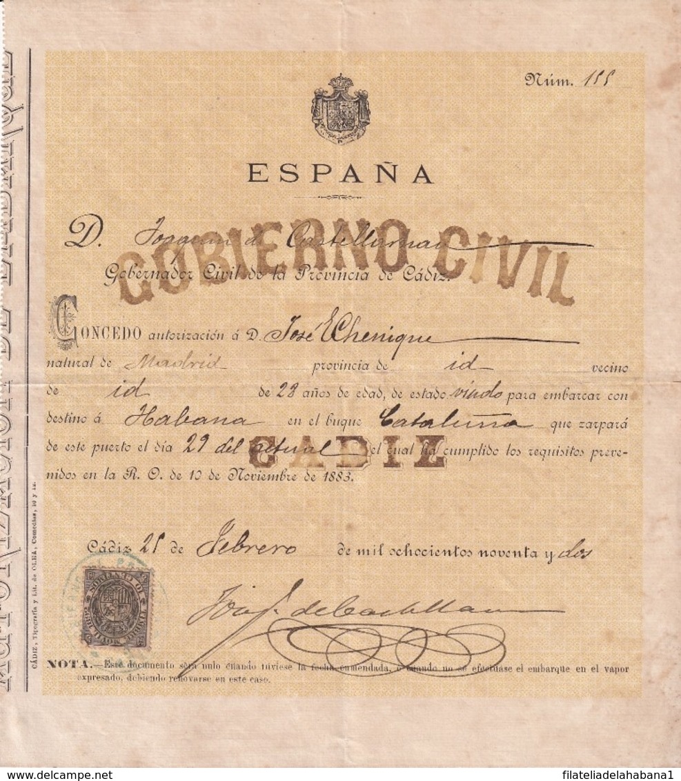 E6386 ESPAÑA SPAIN AUTORIZACIÓN DE VIAJE A LA HABANA ANTILLES REVENUE MOVIL 1892 - Historical Documents