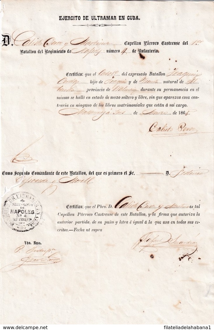 E6389 CUBA SPAIN 1865 MILITAR DOC REGIMIENTO DE NAPOLES - Historical Documents