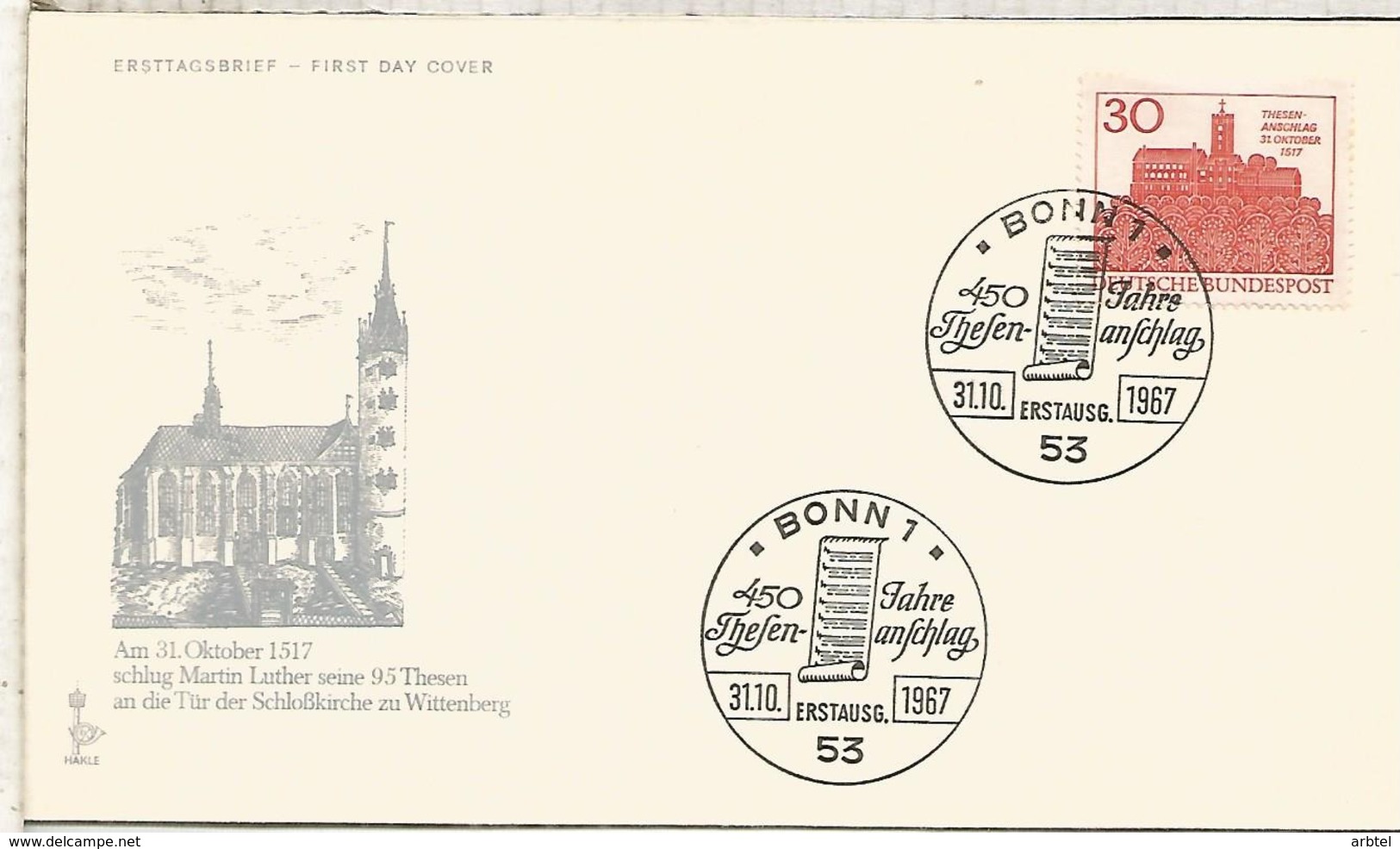 ALEMANIA FDC BONN 1967 MARTIN LUTERO RELIGION LUTHER - Cristianismo