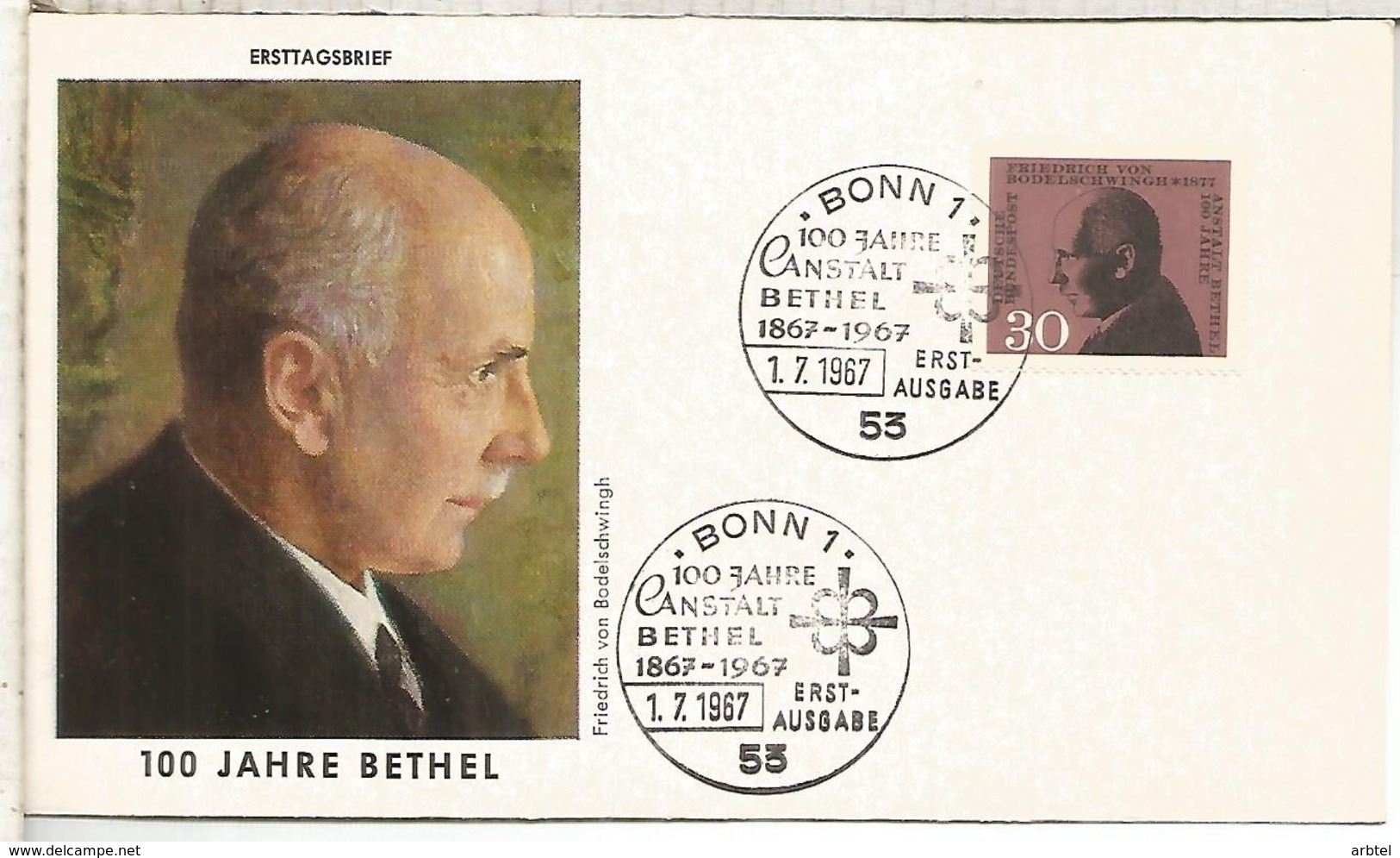 ALEMANIA FDC BONN 1967 ANSTALT BETHEL MEDICINA ENFERMEDAD PSIQUIATRIA - Enfermedades