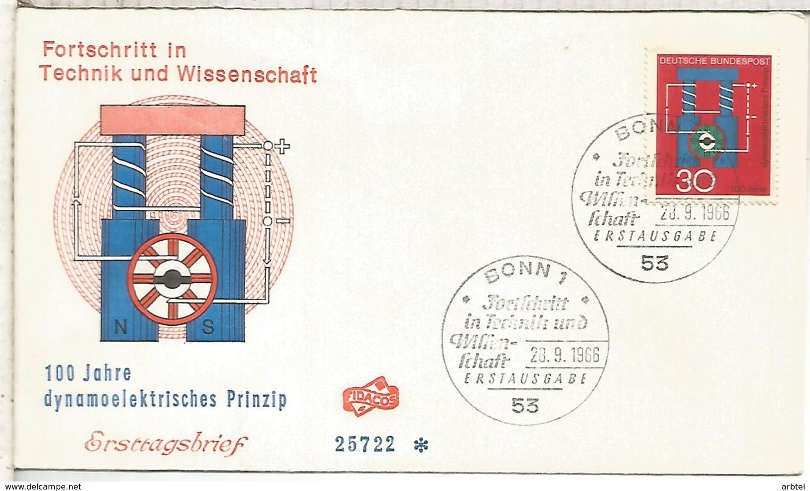 ALEMANIA FDC BONN 1966 ELECTRICIDAD CIENCIA ELECTRIC ENERGY - Electricidad