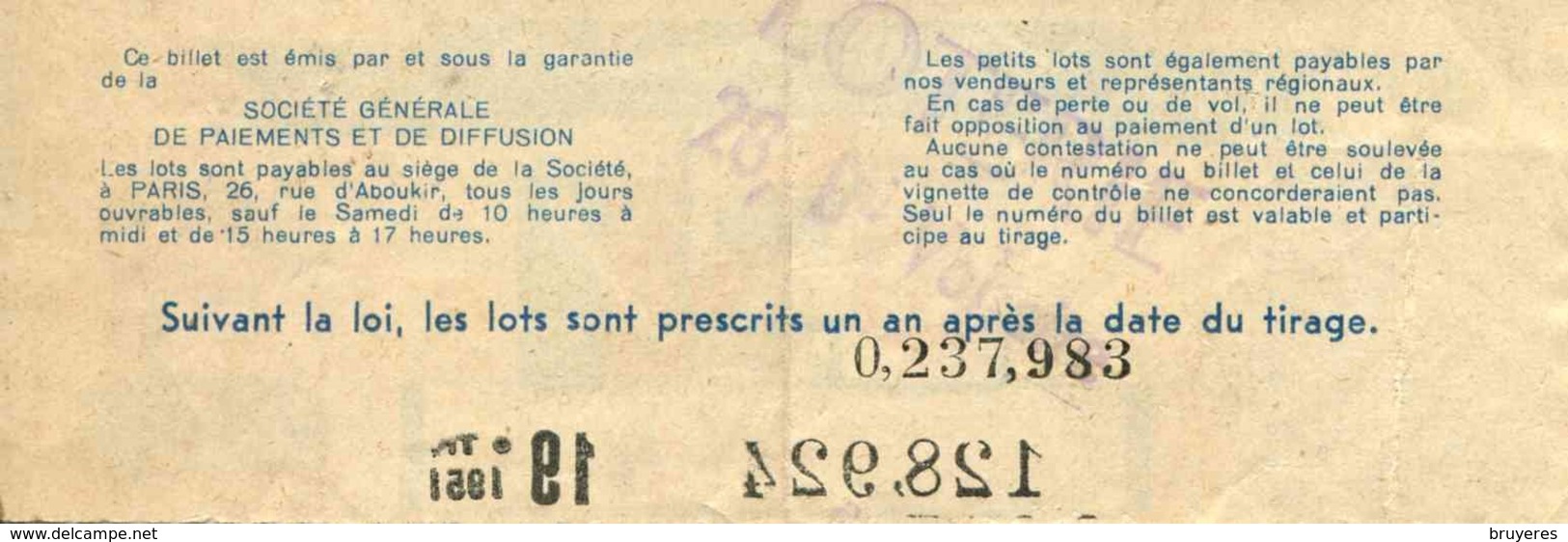 BILLET DE LOTERIE De 1951 "LE PETIT ALSACIEN" - Billets De Loterie