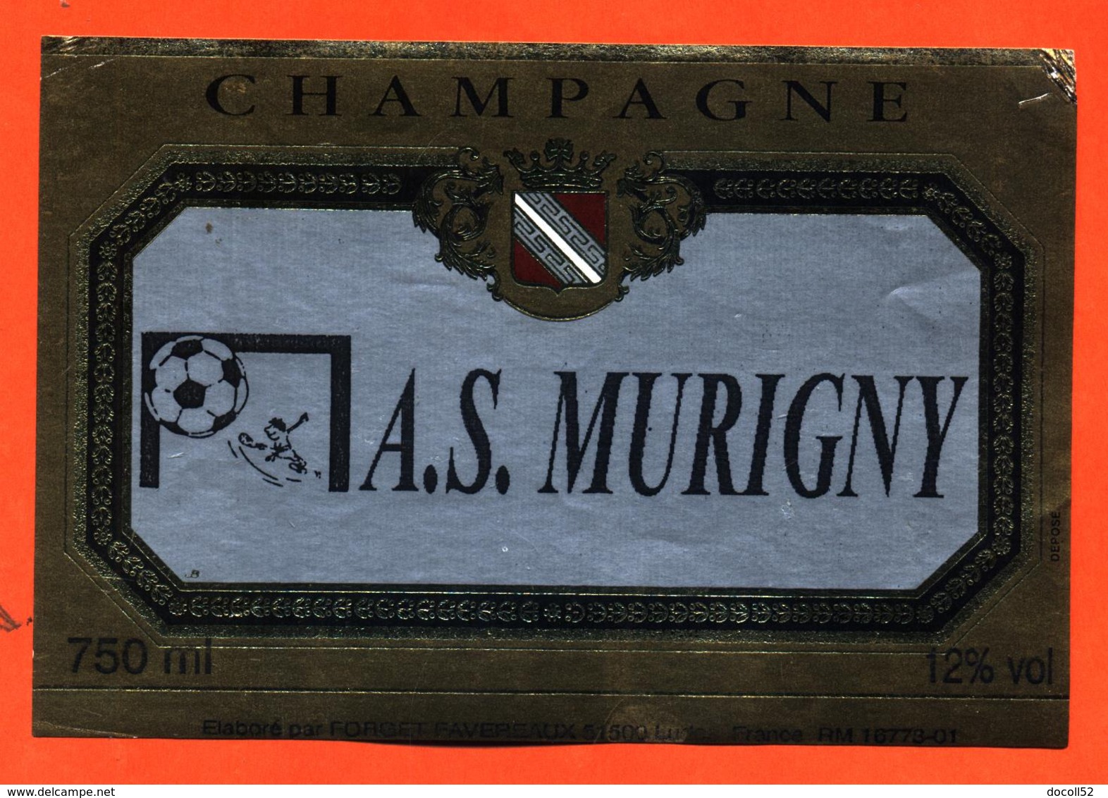 étiquette De Champagne Brut Club De Football A S Murigny Forget Favereaux à Ludes - 75 Cl - Football