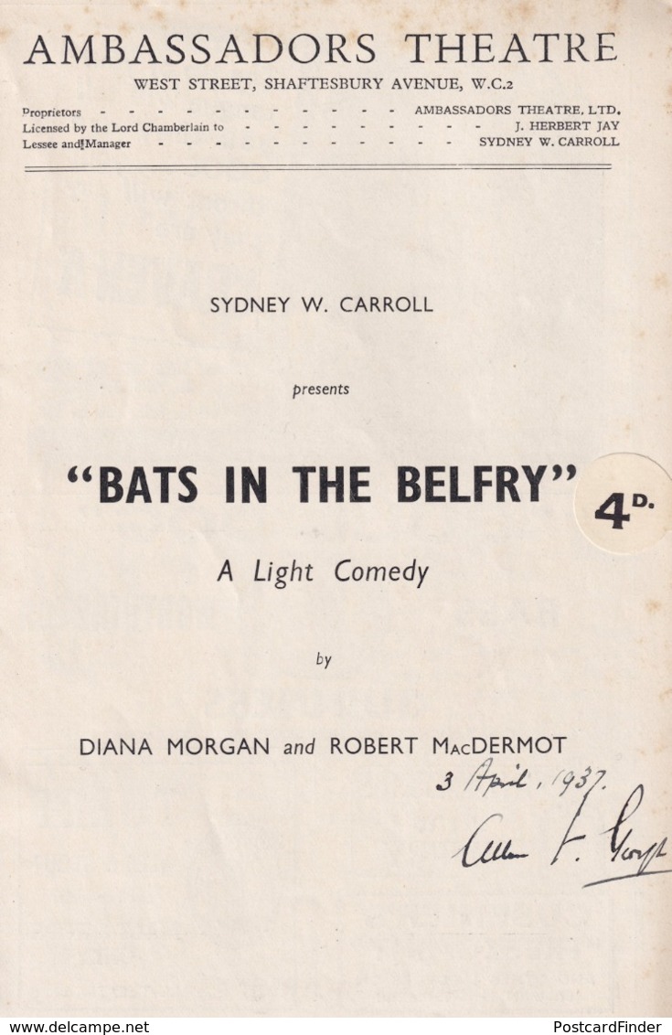 Bats In The Belfry Vivien Leigh  Lilian Braithwaite Ambassadors Theatre Programme - Programs