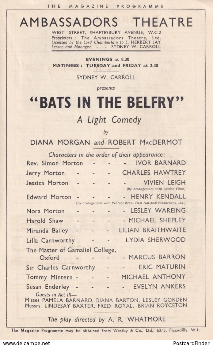 Bats In The Belfry Vivien Leigh  Lilian Braithwaite Ambassadors Theatre Programme - Programs