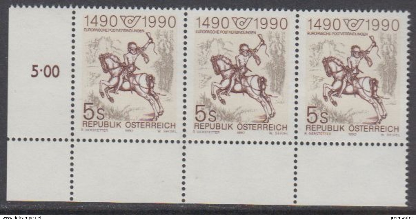 Austria 1990 500Y European Post 1v (strip Of 3) ** Mnh (44777B) - Europäischer Gedanke