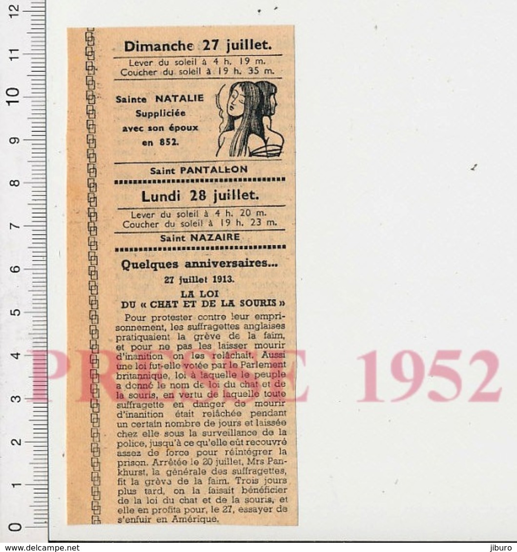 Presse 1952 Sainte Natalie Suppliciée Avec Son époux + Suffragette Mrs Pankhurst Loi Du Chat Et De La Souris  226ZT - Non Classés