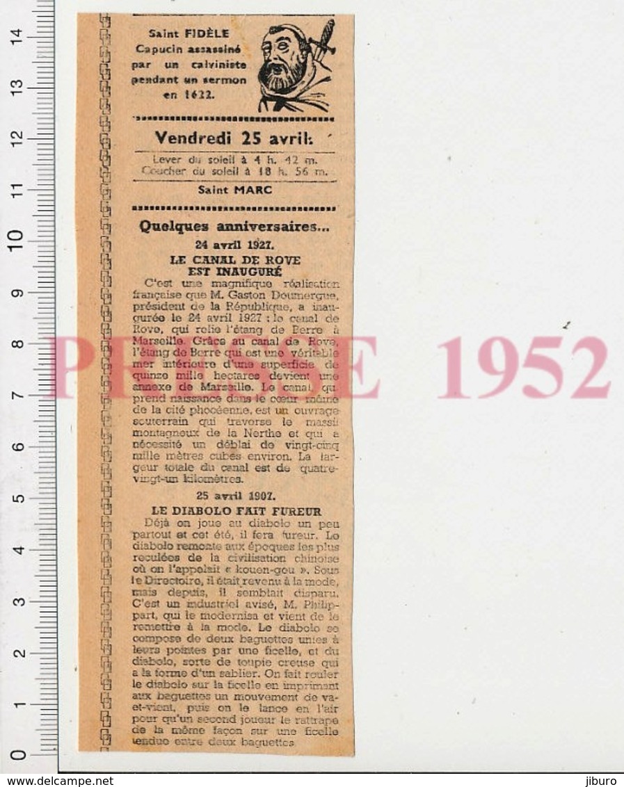 Presse 1952 Saint Fidèle Capucin Assassiné Par Un Calviniste + Canal De Rove + Jeu Diabolo M. Phillipart  226ZT - Non Classés