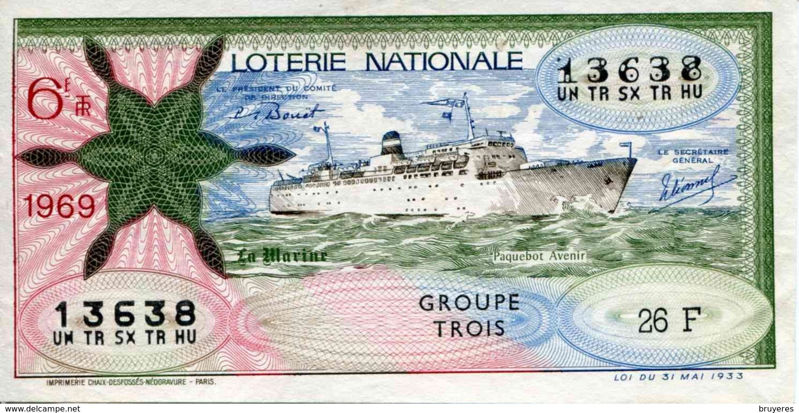 BILLET DE LOTERIE De 1969 Sur Le Thème "La Marine : PAQUEBOT AVENIR" - Billets De Loterie