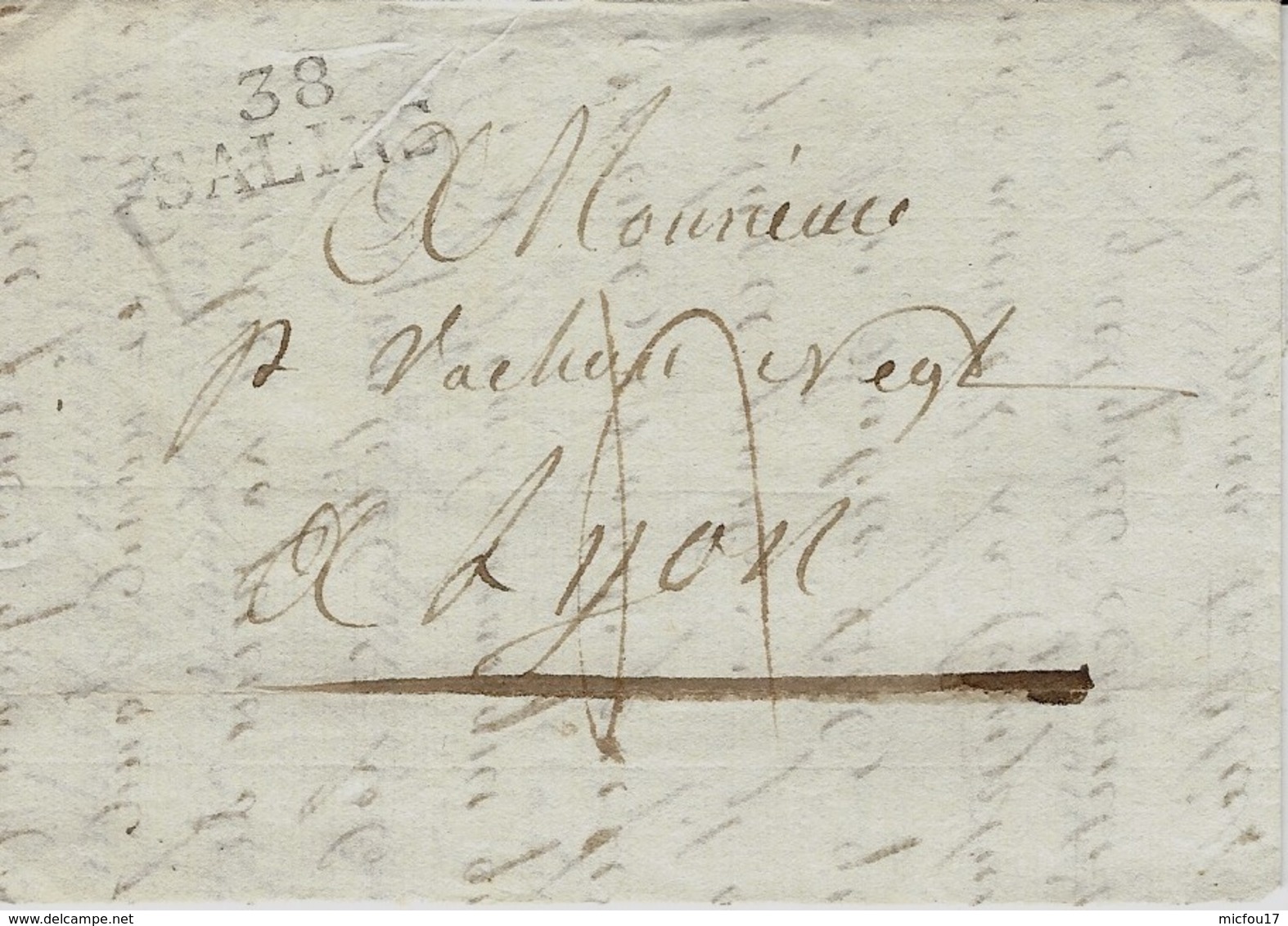 1821- Lettre De 38 / SALINS  ( Jura )  25 X 9 1/2 Mm  Noir Taxe 4 D Pour Lyon - 1801-1848: Précurseurs XIX