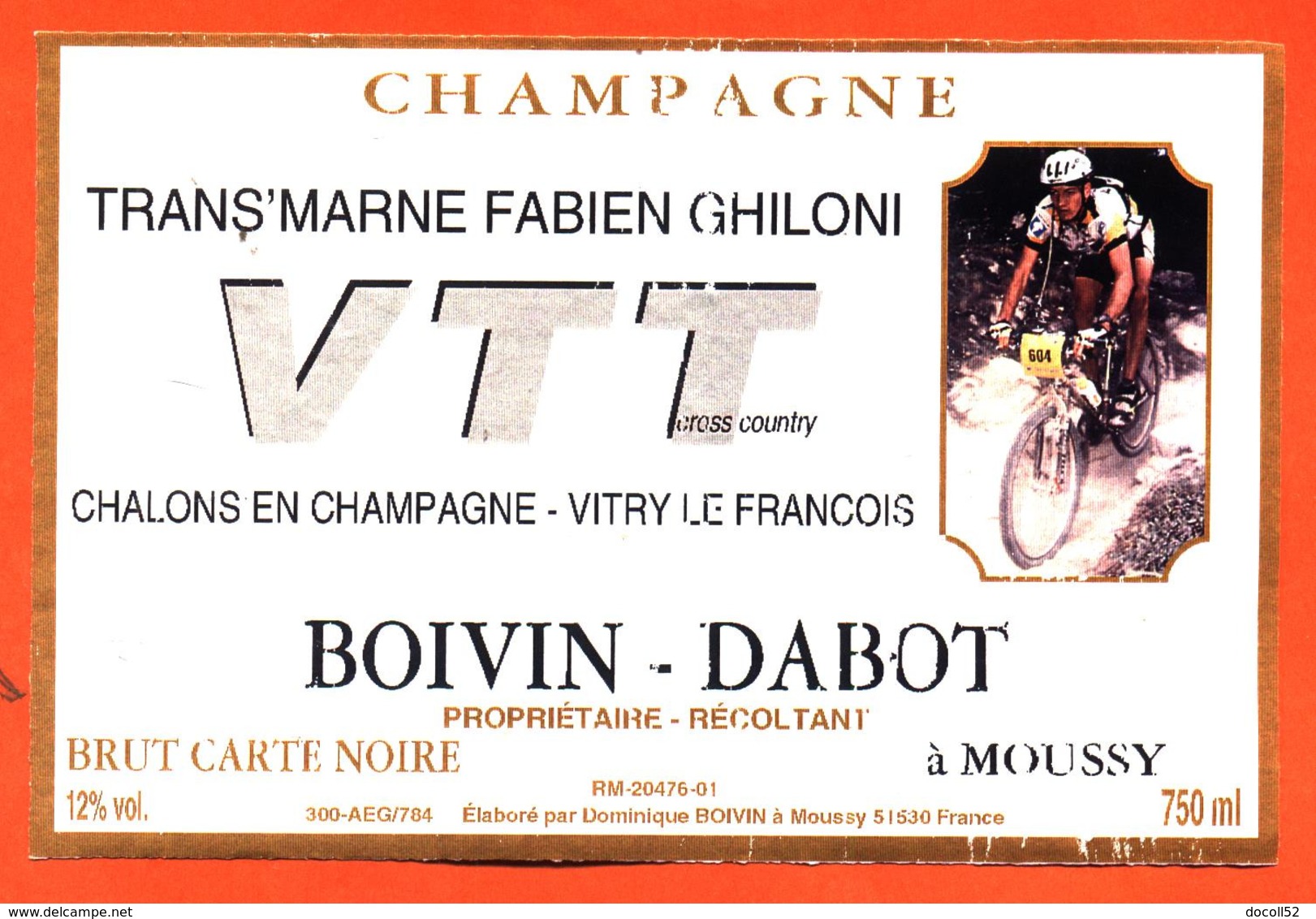 étiquette De Champagne Brut Trans'marne VTT Fabien Ghiloni Boivin Dabot à Moussy - 75 Cl - Cyclisme