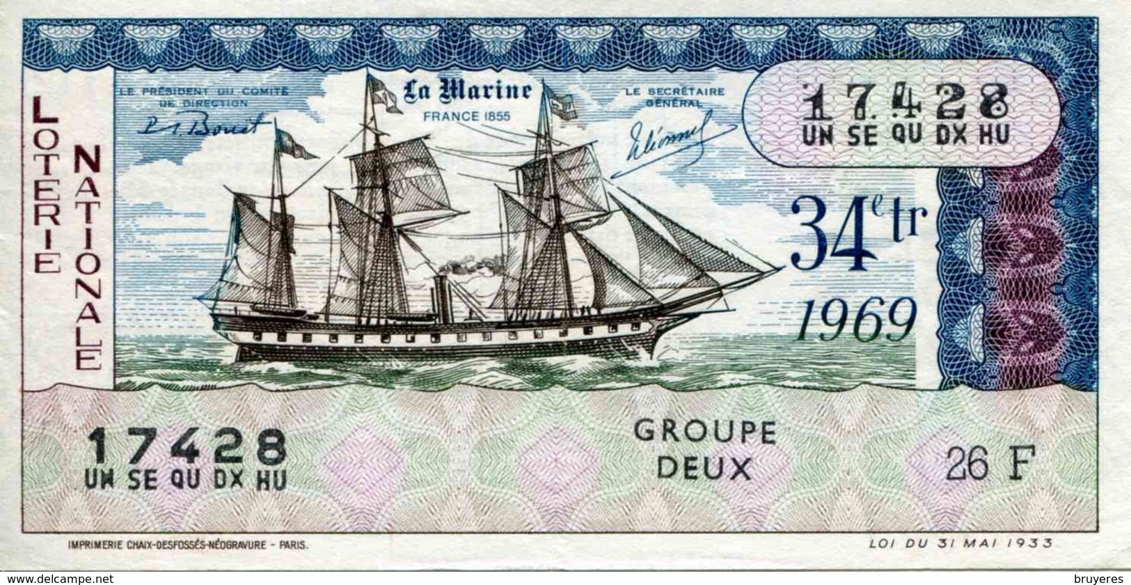 BILLET DE LOTERIE De 1969 Sur Le Thème "La Marine : FRANCE 1855" - Biglietti Della Lotteria
